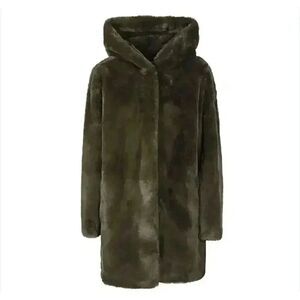 DKNY Women's Green Faux Fur Hooded Lined Coat